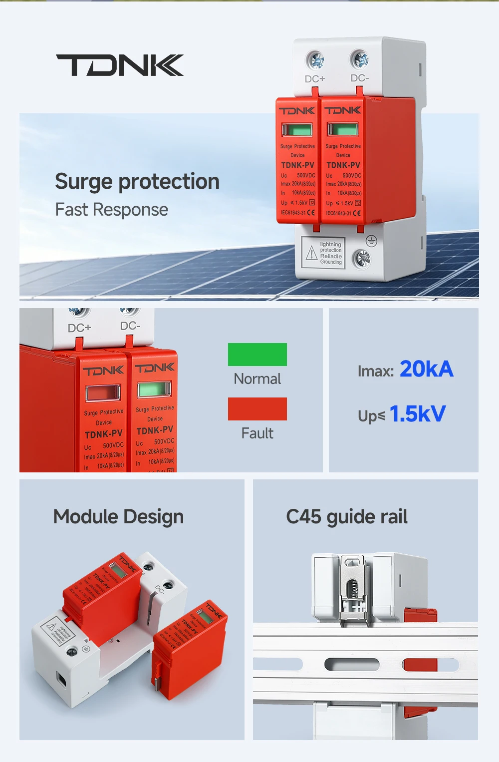 TDNK-PV DC SPD Überspannungsschutzgerät 2P 20KA 40KA 500V 600V 800V 1000V für Solar-PV-Panel Blitzschutz – Detail 2