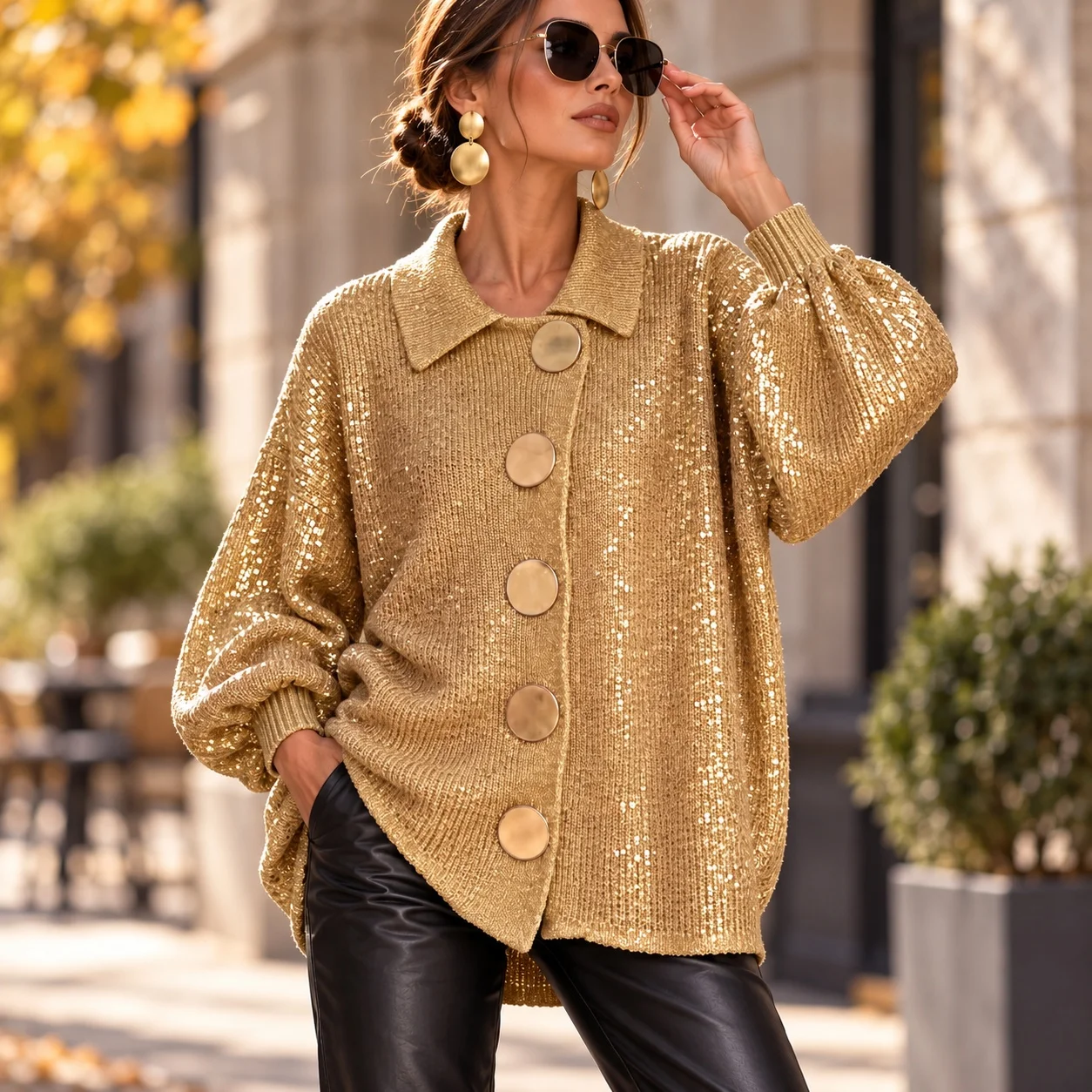 Loose Fit Turn Down Collar Sweater Mid Length Retro Bohemian Cardigan for Women with Regular Sleeve Regular Thickness Winter