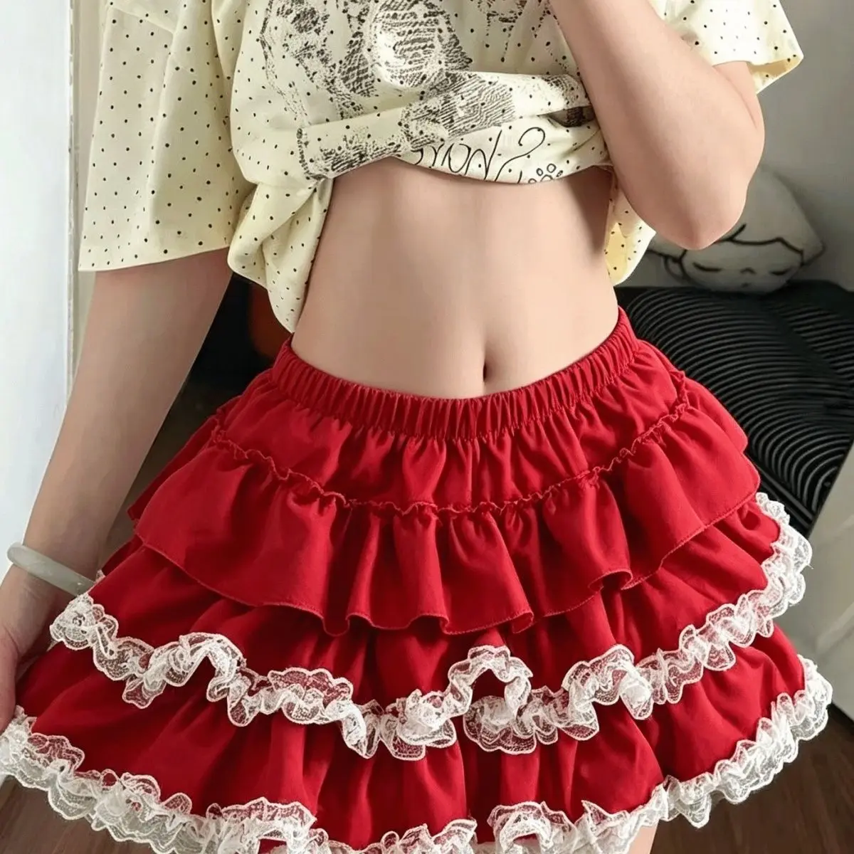 Y2K Christmas Coquette Red Tiered Cake Mini Skirt White Lace Elastic Waist Built-in Safety Liner Women Frilly Flowy Short Skirt