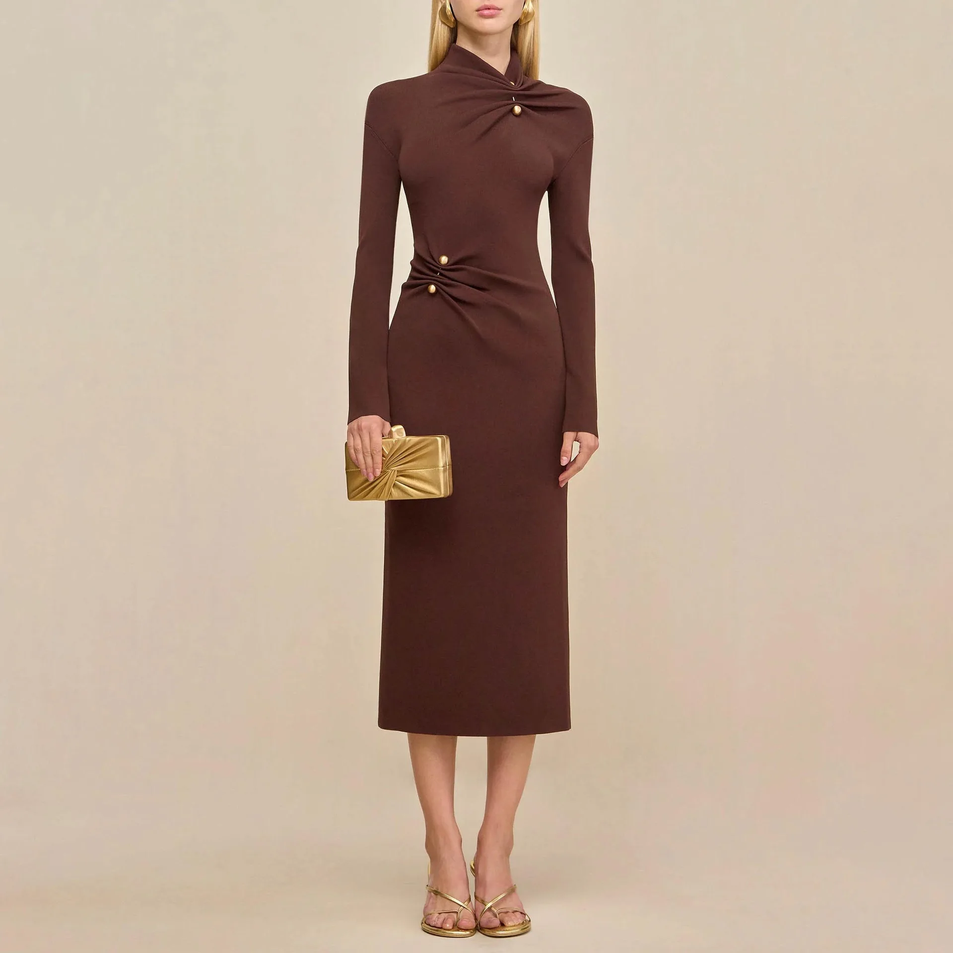 

French Metal Decorative Ruched Knitted Dress Slim A-Line Stand Collar Asymmetrical Maxi Dress Autumn Elegant Bodycone Spring