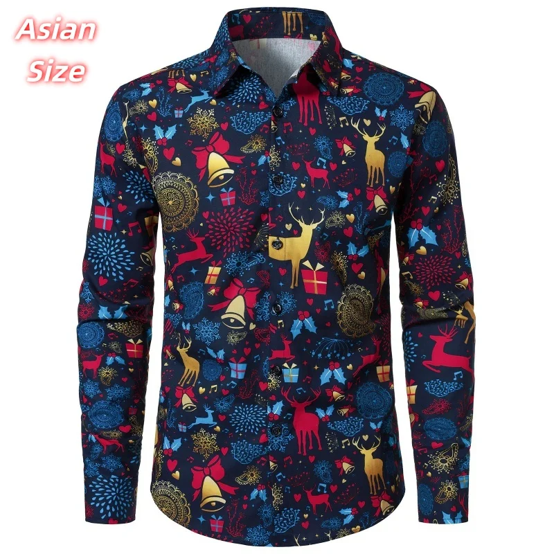 Christmas Tree Deer Pattern Hawaiian Shirts For Men Women Snowflakes 3D Print Aloha Shirts Casual Tops Loose Long Sleeve Blouses