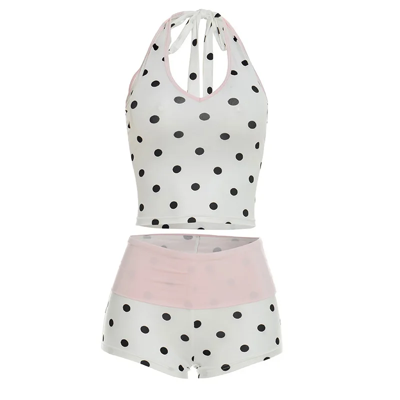 New European and American style fashion sweet hanging neck polka dot contrasting color top and shorts two set