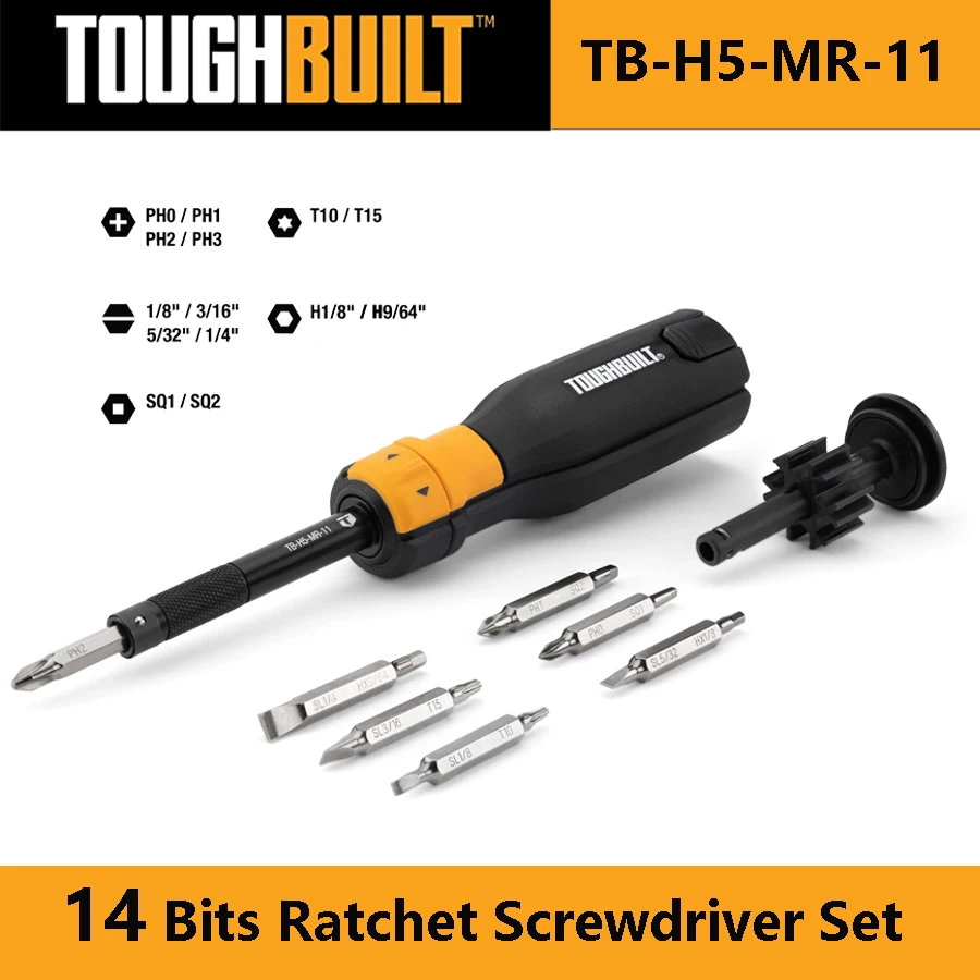 

TOUGHBUILD TB-H5-MR-11Ratchet Screwdriver Set 9PCS of PH/SL/SQ/TORX/HEX Screwdriver Set Ratcheting 14 Bits Driver