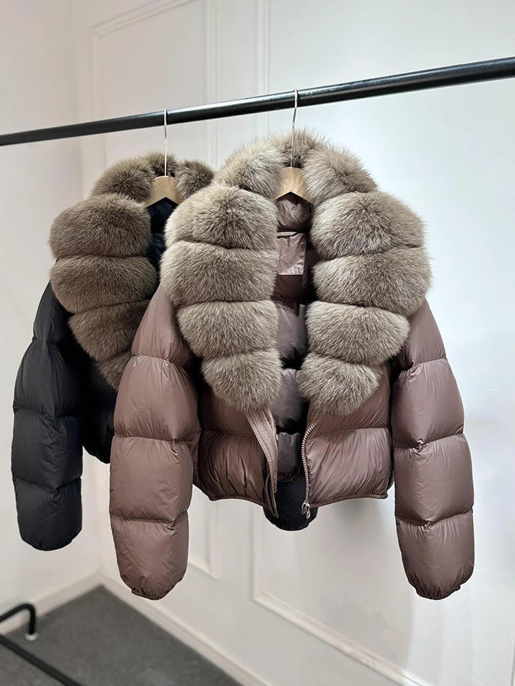 Janveny 2025 New Puffer Jacket Women With Large Natural Fox Fur Collar Short Fluffy Thick Parkas Female 90% White Duck Down Coat