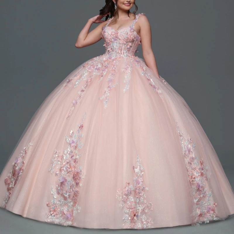 

Light Pink Shiny Quinceanera Dresses Spaghetti strap Applique Lace Beads Tull Party Birthday Sweet 16 Dress Vestidos 15 De Anos