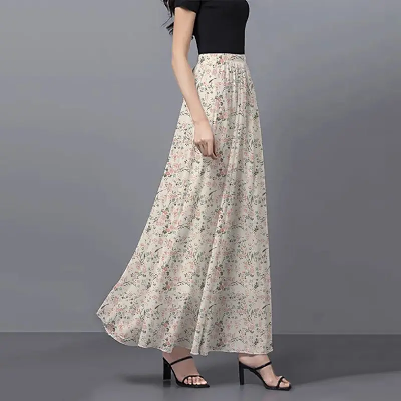 Summer Chiffon Skirts 2025 Korean Style Printed High Waist Floral Elastic Waist Casual Overknee Long Skirt