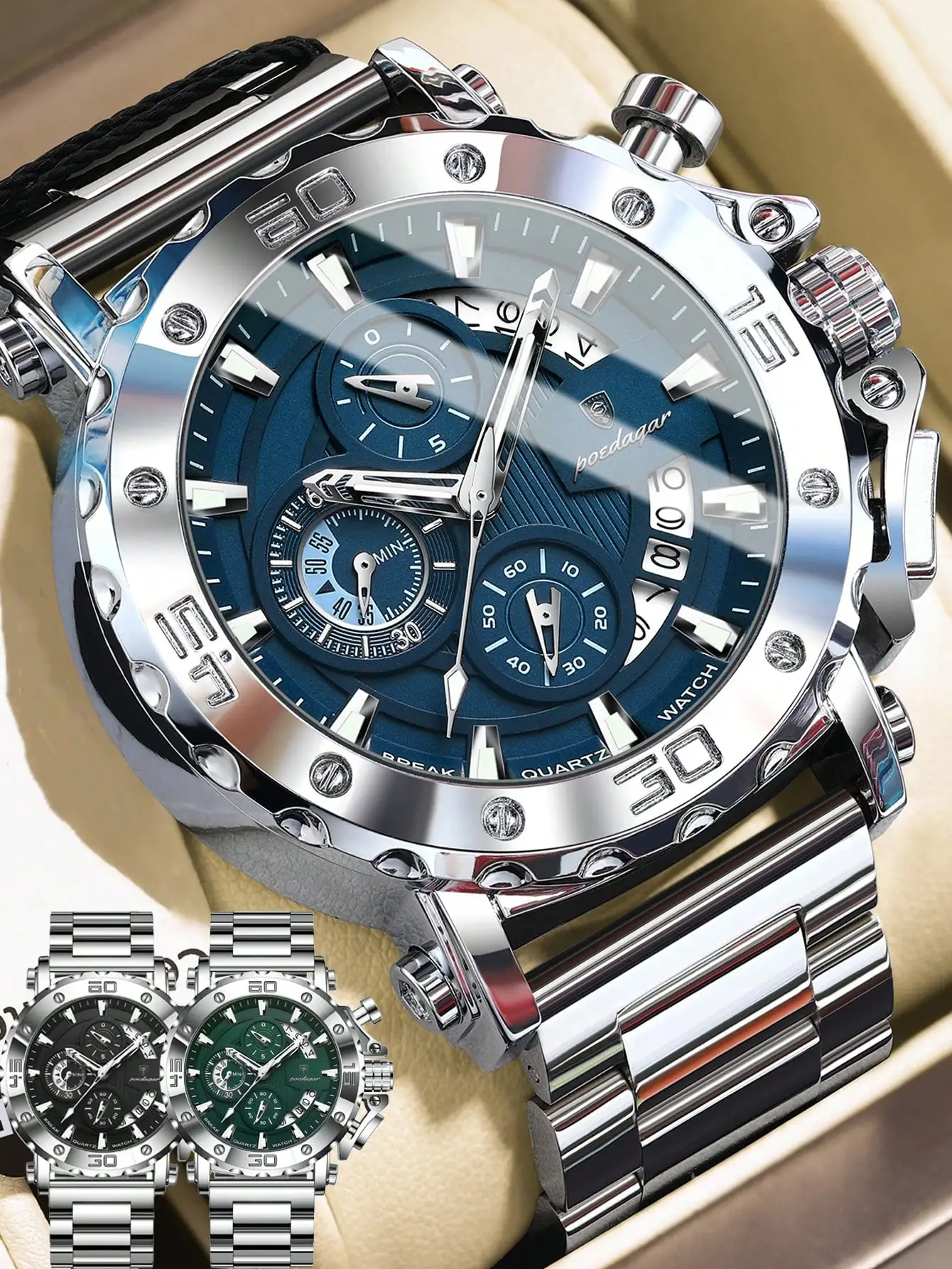 

Мужские кварцевые часы-хронограф из нержавеющей стали с люминесцентными стрелками, индикатором даты и водонепроницаемостью