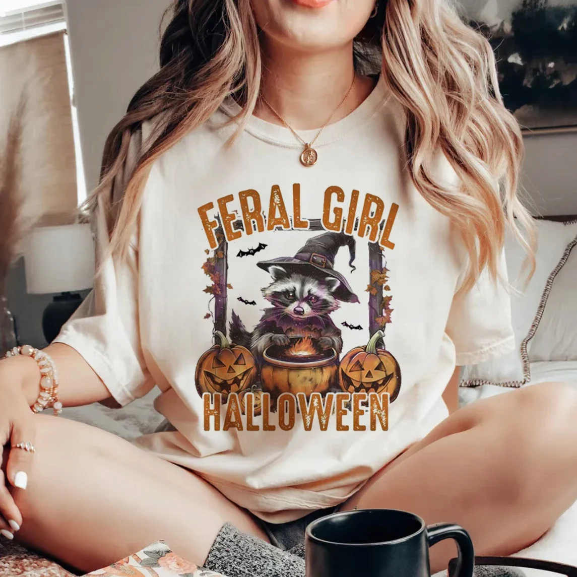 Retro Feral Girl Halloween Raccoon Witch Vibes Pattern Trendy Top Casual Style Fashionable Retro Summer O-Neck Basic T-Shirt