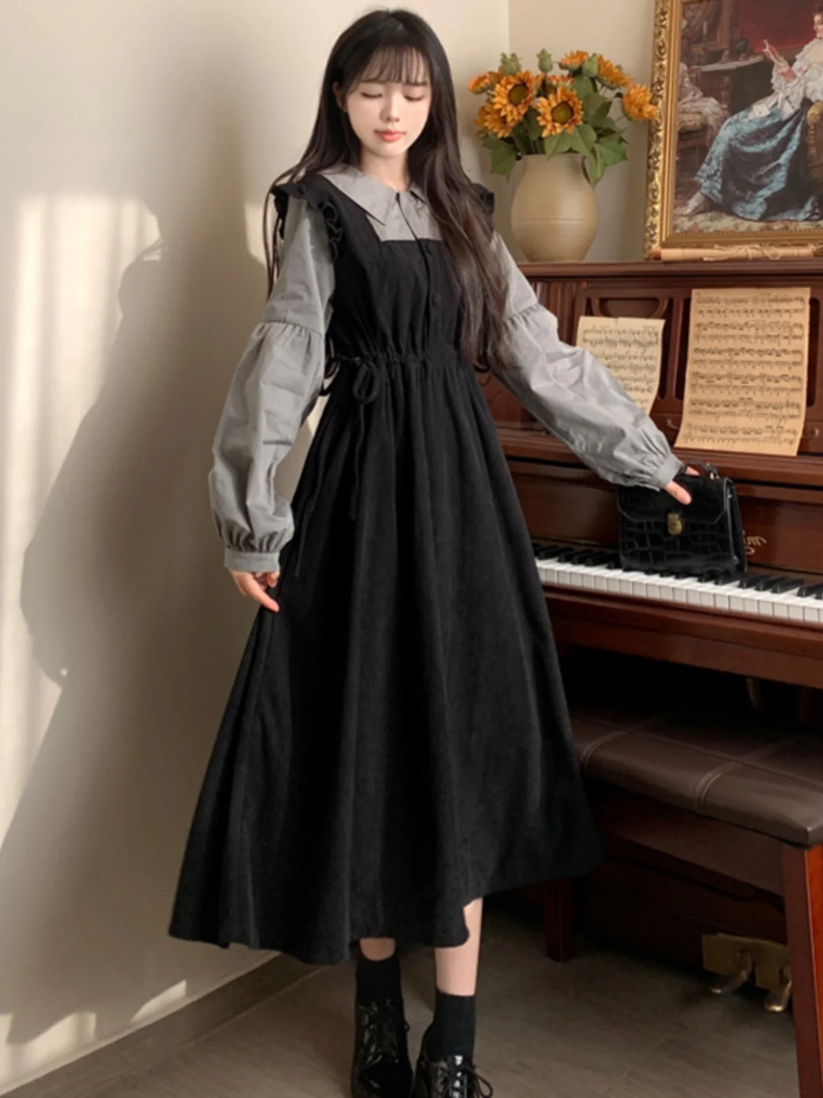 

plus Size Autumn Winter Women's Dr Slimming High Waist A-Line Long Skirt Conceal Meat Reduce Age Bubble Sve Collar