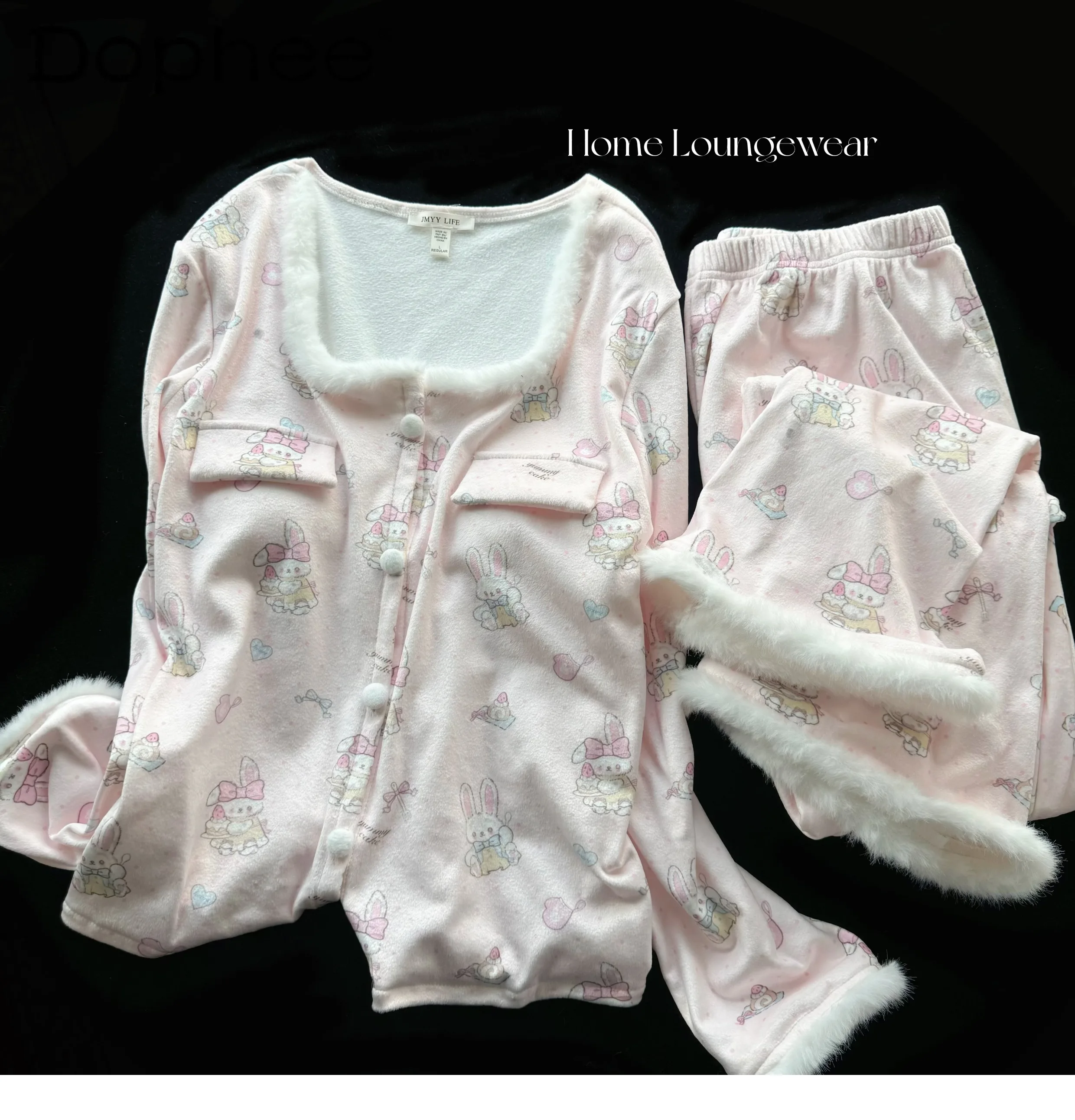Autumn Winter New Plush Long-sleeved Pink Pajamas Kawaii Girl Outdoor with Chest Pad Cartoon Sweet  Comfortable Loungewear Set