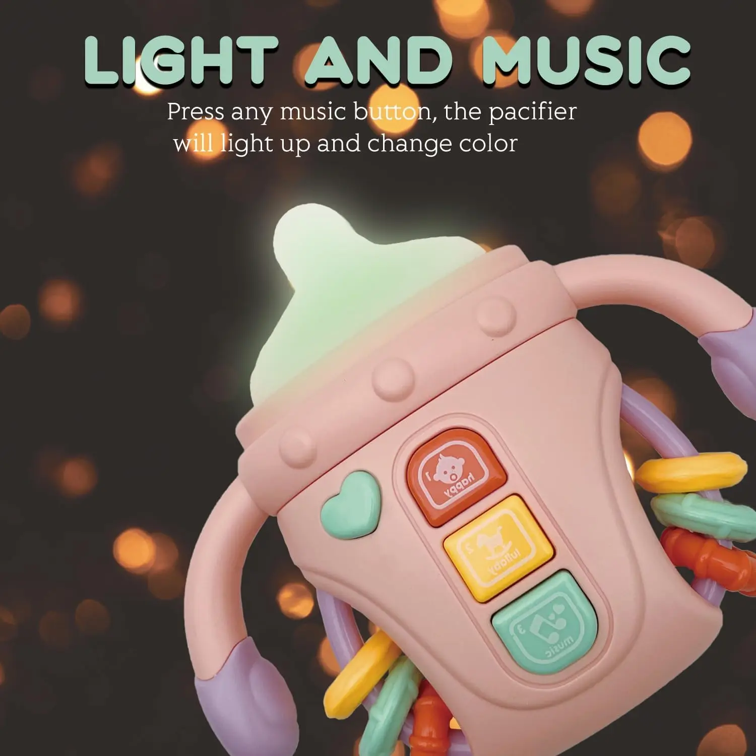 ベビーガラガラおもちゃ ミュージカル感覚学習おもちゃ 音楽とライト付き おしゃぶり歯が生える 幼児用 男の子と女の子へのギフト 0-24M