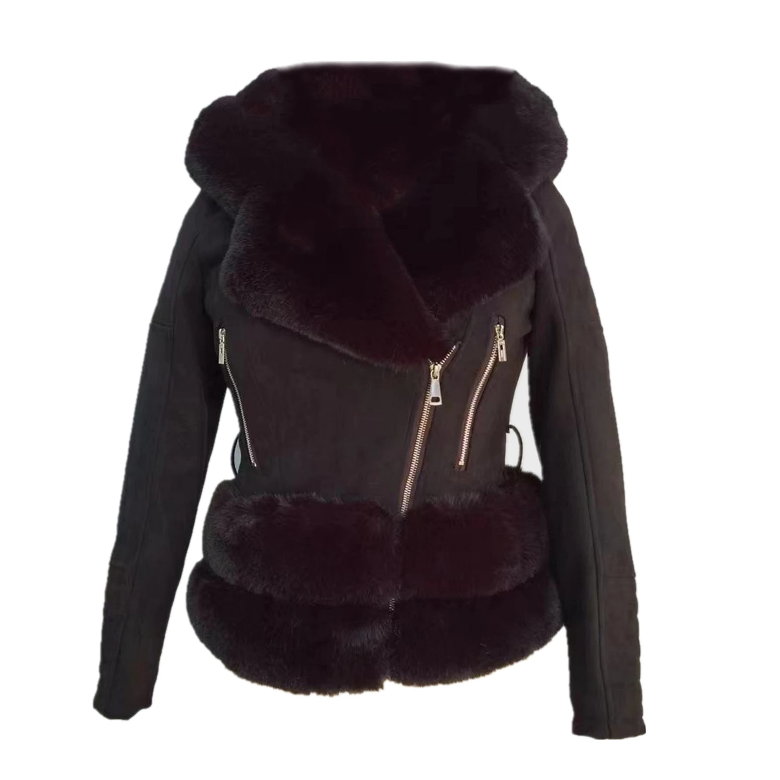 Women Winter Fashion Thick Soft Zipper Short Faux Rabbit Fur Coat Jacket Warm Faux Fur Parka Coat Outwear With Hooded Belt