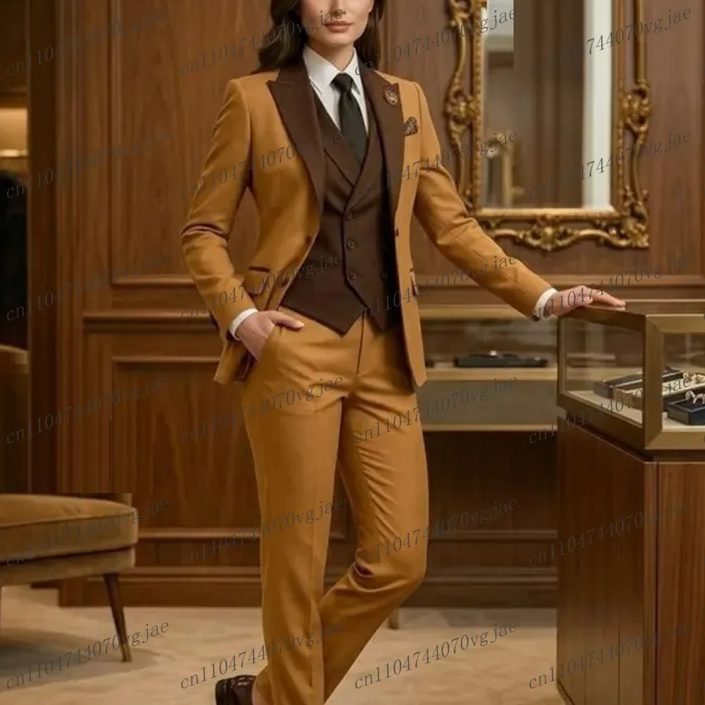 Nuevo Traje Formal Dorado y Marrón para Mujer, Traje de Negocios, Boda, Fiesta, Graduación, Madre, Dama, Tuxedo de 3 Piezas, Blazer, Chaleco y Pantalones