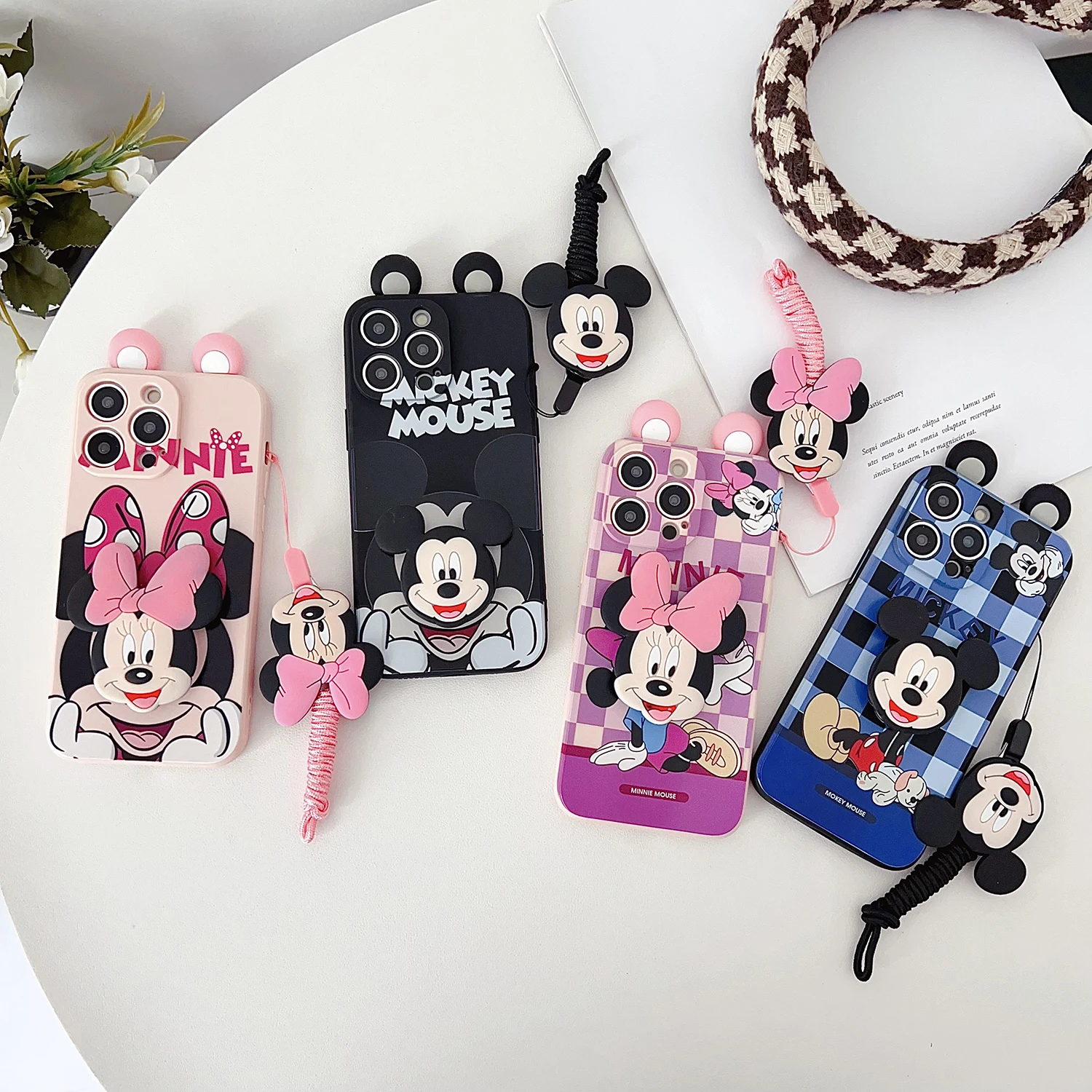 For OPPO A15 A94 A54 A55 A53 A74 A96 A57 A17 A58 A78 60 Realme C55 53 35 30 21Y 11 33 63 61 Plaid Minnie Case With Holder Rope