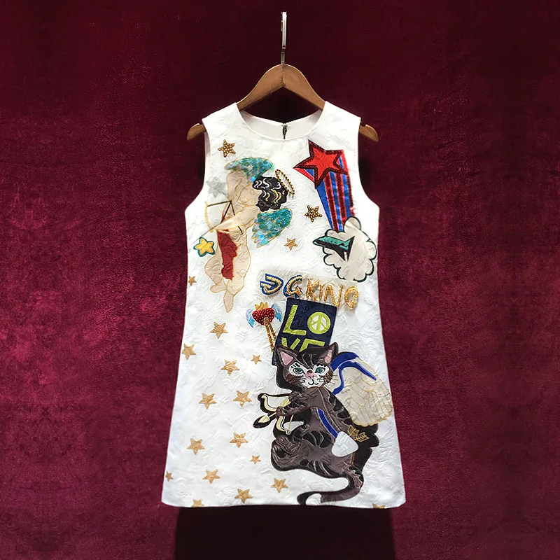 

Hot Summer New High Quality Mini Dress Women Fashion Cat Printing Heavy Industry Beaded Sleeveless Bodycon Light Luxury Dresses