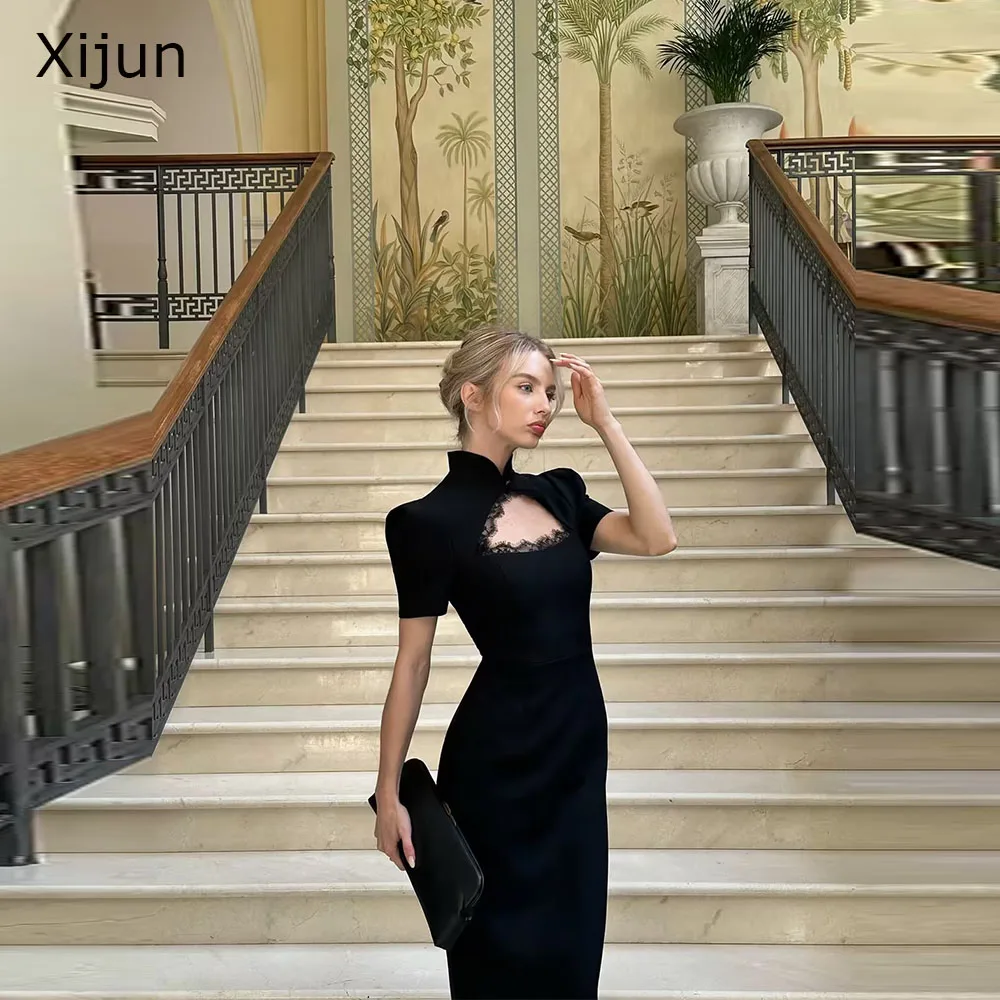 Xijun Elegant Black Velvet Evening Dresses High Collar Short Sleeves Long Prom Dresses Lace Tea Length Prom Gowns Customized