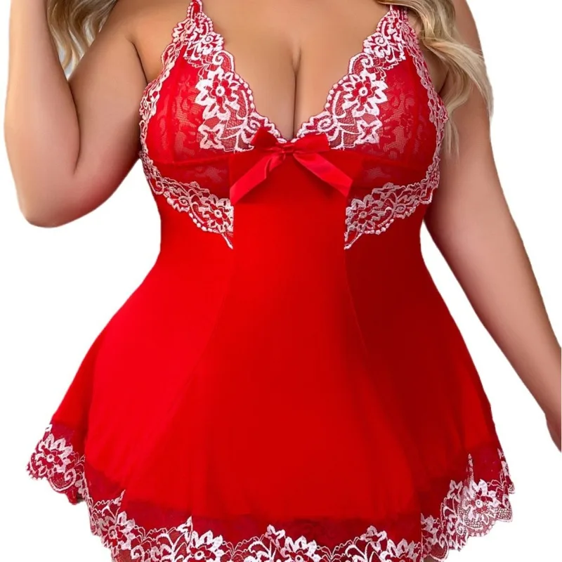 Top Fashion Short Skirt Sexy Lingerie Mesh Suspender Nightgown Lace Perspective Sexy Night Dress Plus Size Women's Pajamas Dress