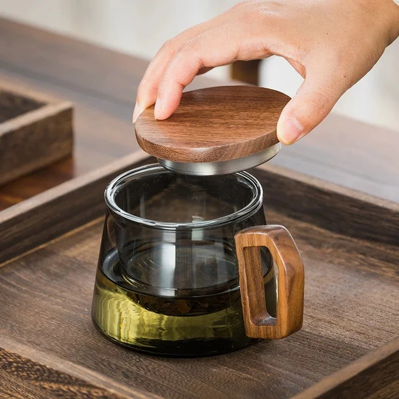 

340 мл чашка для чая из боросиликатного стекла с заварочным устройством и крышкой для листового чая, деревянная ручка, диффузоры для цветущего чая, кружка-фильтр