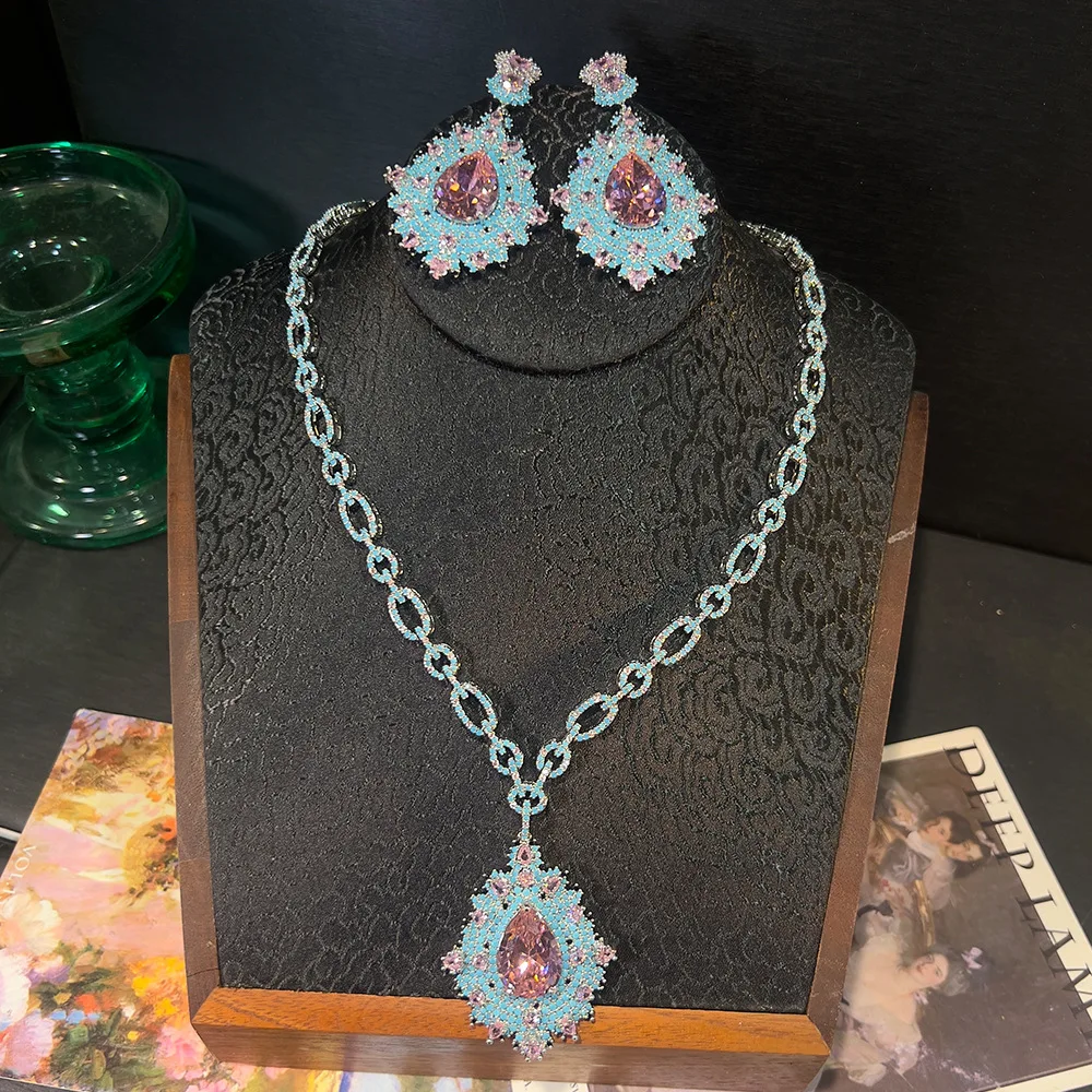 Vintage Royal Water Drop Pink CZ Jewelry Set Light Blue Micro Pave Necklace Earrings Women Wedding Banquet Dress Accessories