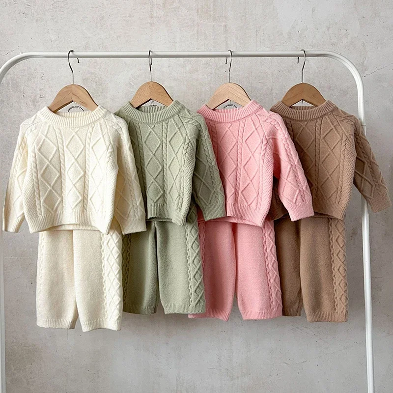 

New Autumn Newborn Baby Girls Clothing Set Knit Long Sleeved Solid Color Knitted Pullover Sweater+Pants Children Clothes Suit