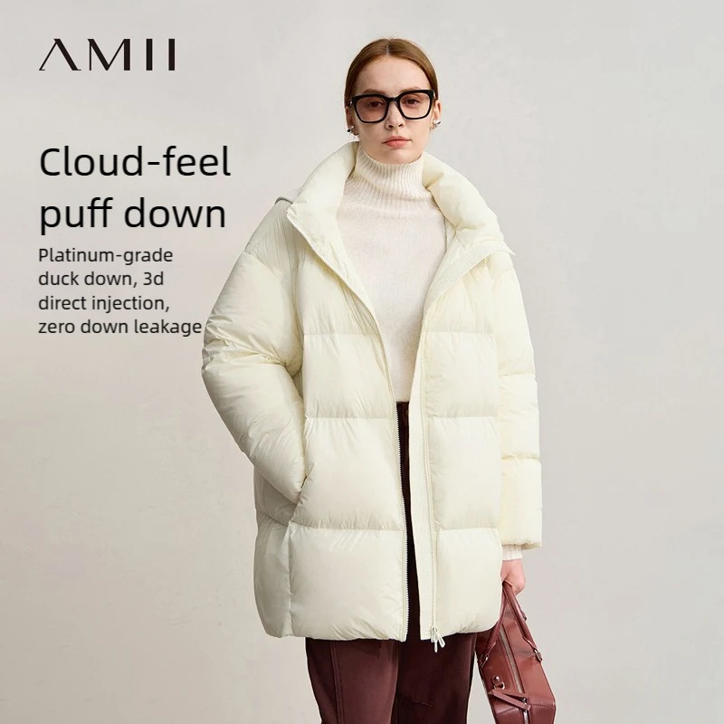 Amii donsjas vrouw 2025, winter nieuwe losse afneembare capuchon, rits, warme lange mouwen, effen kleur eendendons donsjack 12524011