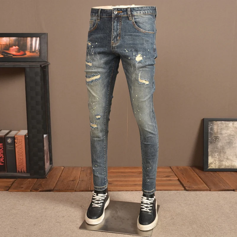 Fashion Streetwear Men Jeans Retro Blue Stretch Skinny Fit Ripped Jeans Men Patched Designer Vintage Casual Denim Pants Hombre