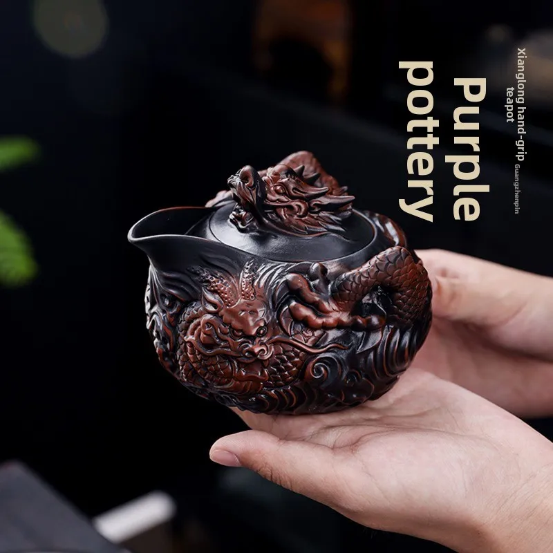 

Purple Pottery Dragon Pattern Hand-held Teapot Handmade Relief Ceramic Purple Clay Kung Fu Teapot Tea Set Exquisite Tea Cup Gift