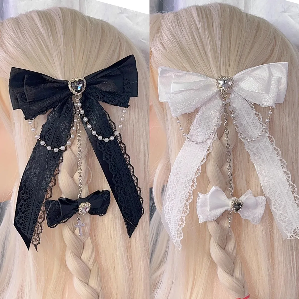 Y2K Girl Angel Harajuku Gothic Headdress Japanese Lolita Punk Side Clip Cute Bows Lace Chain Subculture Bling Hair Accessories