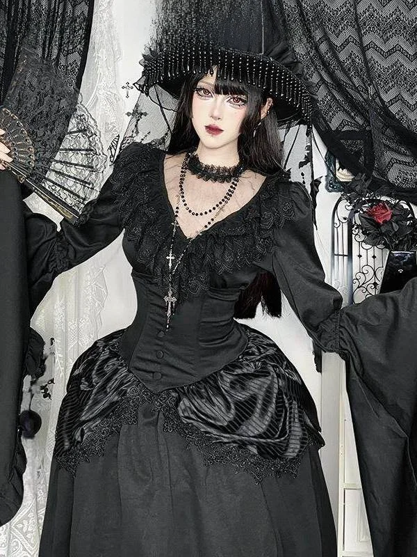 Taille haute f jupe grande Lolita Sle Fro décontracté jupe longue t-shirt quart Sve coupe ajustée autre tissu dames jupe