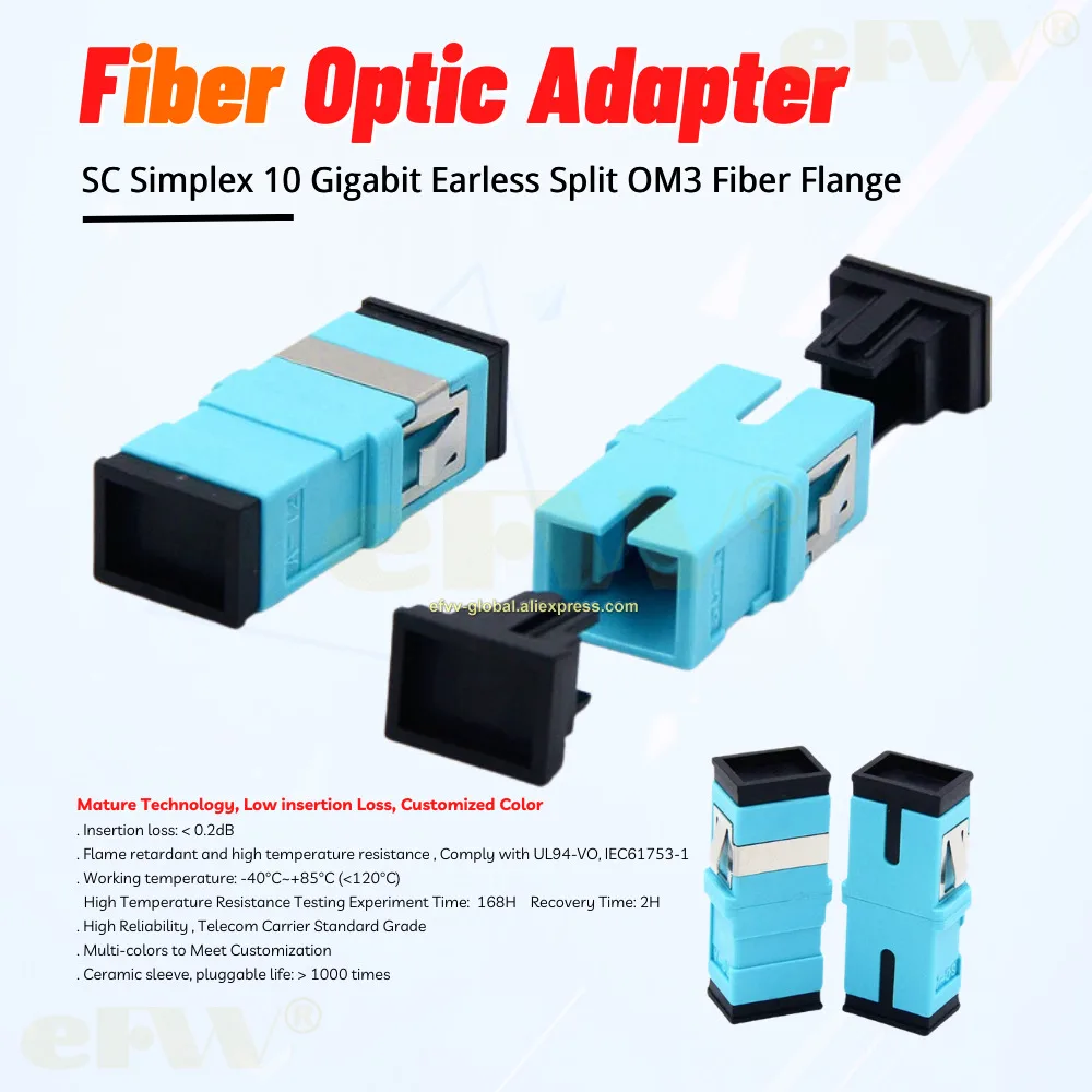 

10pcs Sc Simplex 10 Gigabit Earless Split Om3 Aqua Blue Fiber Optic Flange Coupler Adapter Telecom Grade