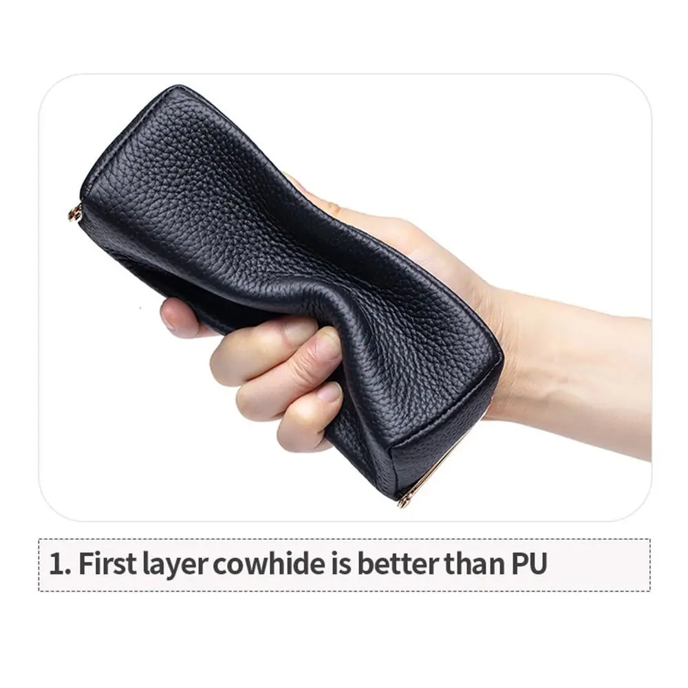 Genuine Leather Cosmetic Storage Pouch Portable with Mirror Jewelry Storage Bag Solid Color Compact Sunglasses Storage Case