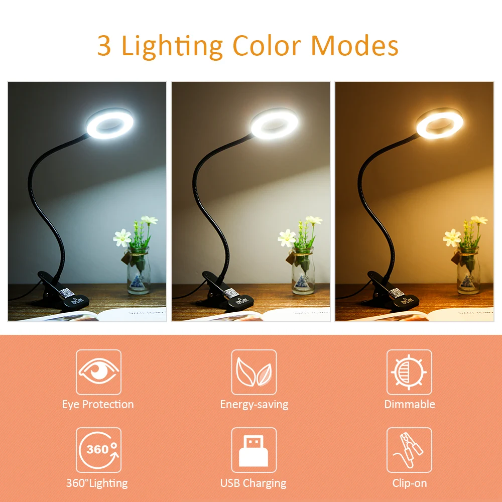 Tomshine USB Clip-on Table Light with 3 Color Modes 10 Brightness Dimmable 18 LEDs Reading Lights Eye P-rotection Kids Desk Lamp