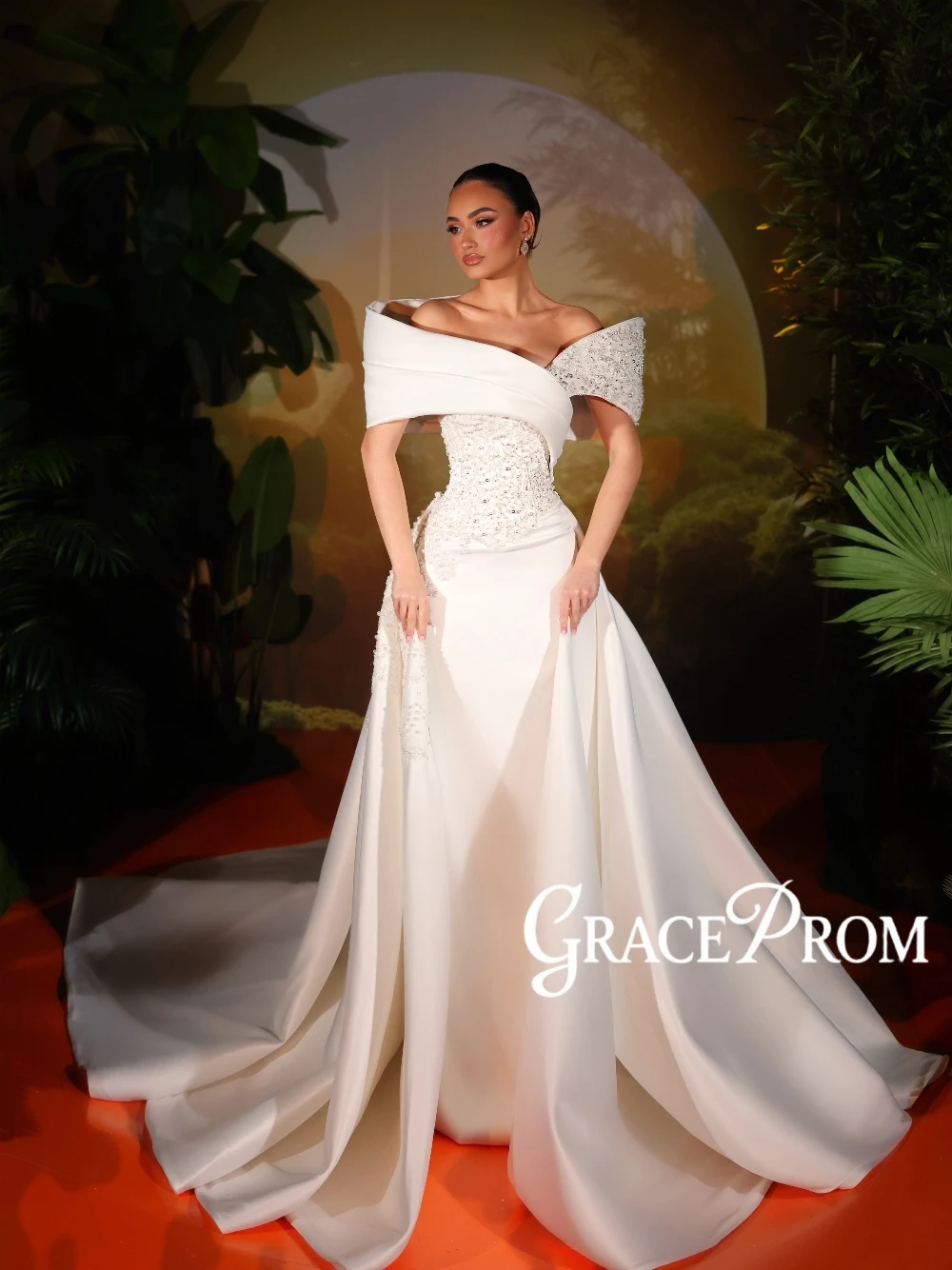 

Dramatic Off Shoulder Luxe Pearl & Bead Satin Mermaid Bridal Gown Elegant Embellished Wedding Dress With Train Customized