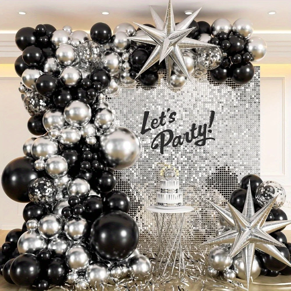 مجموعة قوس إكليل بالونات باللونين الأسود والفضي مكونة من 137 قطعة لعيد الميلاد وحفلات الزفاف والتخرج والذكرى السنوية وديكور حفلات التخرج