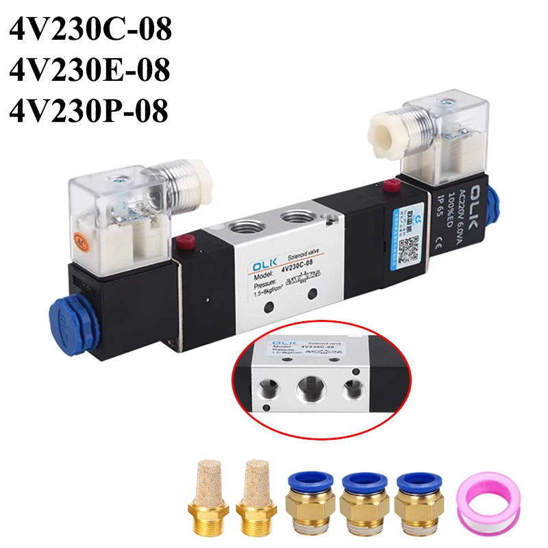 

4V230-08 Пневматический электромагнитный клапан 5/3-ходовой DC12V 24V AC110V AC220V с пневматическим разъемом для нажимных фитингов