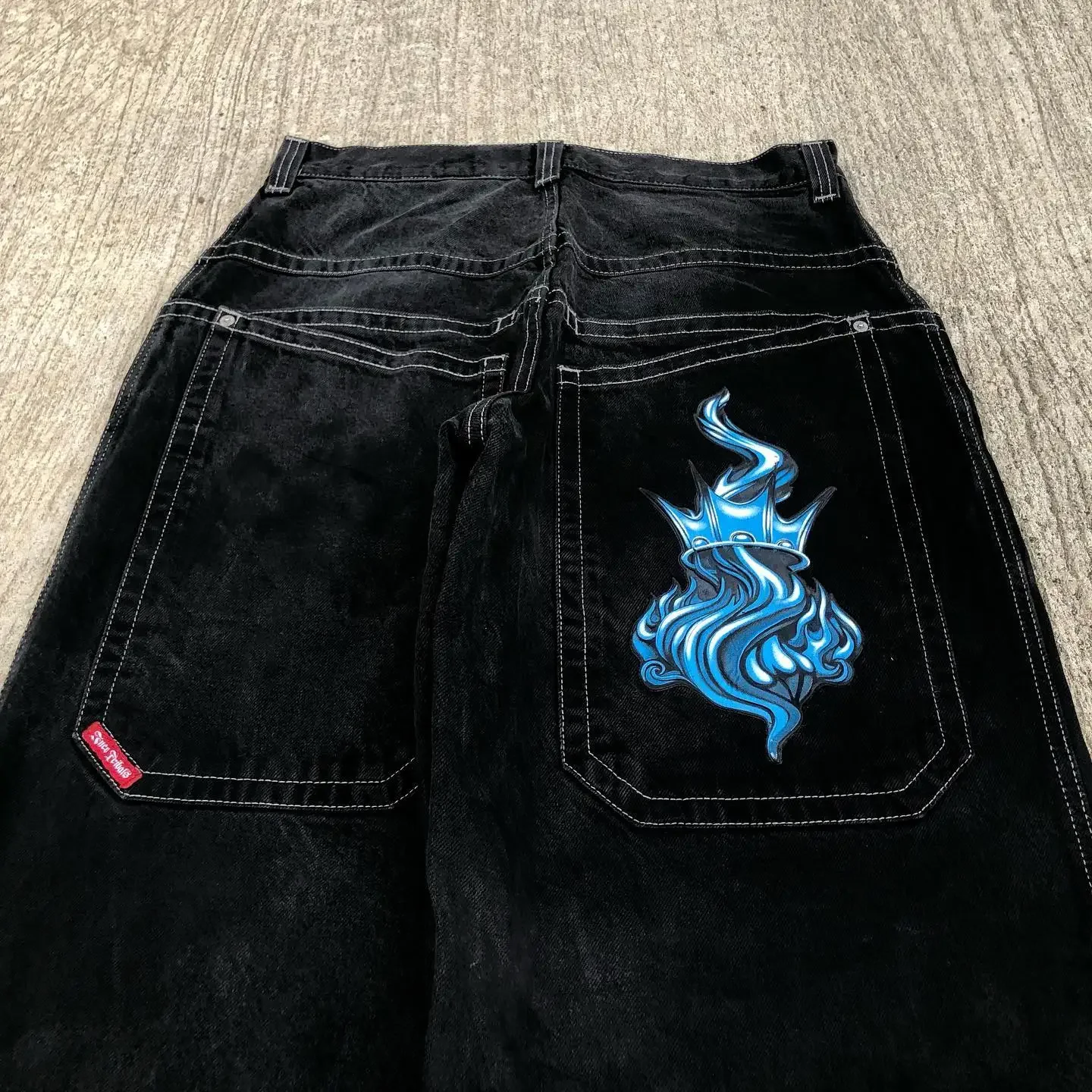 Harajuku Hip Hop Celana gambar grafis Gothic, Y2k Jeans longgar warna hitam, celana panjang kaki lebar pinggang tinggi baru untuk pria wanita