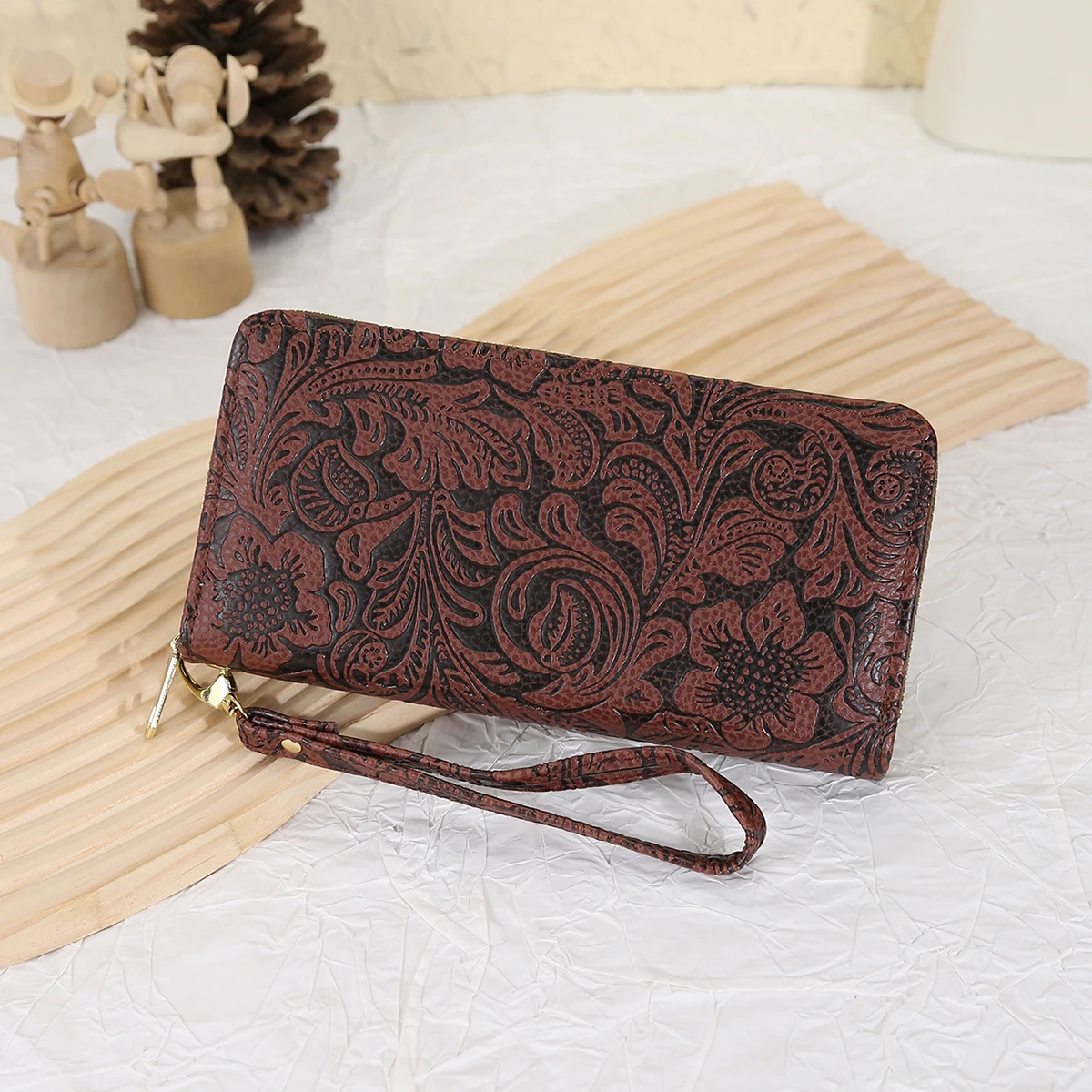 Portfel damski Retro wytłoczony długi portfel z pojedynczym zamkiem błyskawicznym torebka w stylu etnicznym torba na zamek błyskawiczny torba na karty o dużej pojemności przechowywanie drobnych