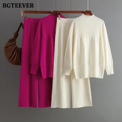 BGTEEVER Autumn Winter Ladies Knitted Outfits Long Sleeve O-neck Pullovers Sweaters Women Knitted Trousers Suits