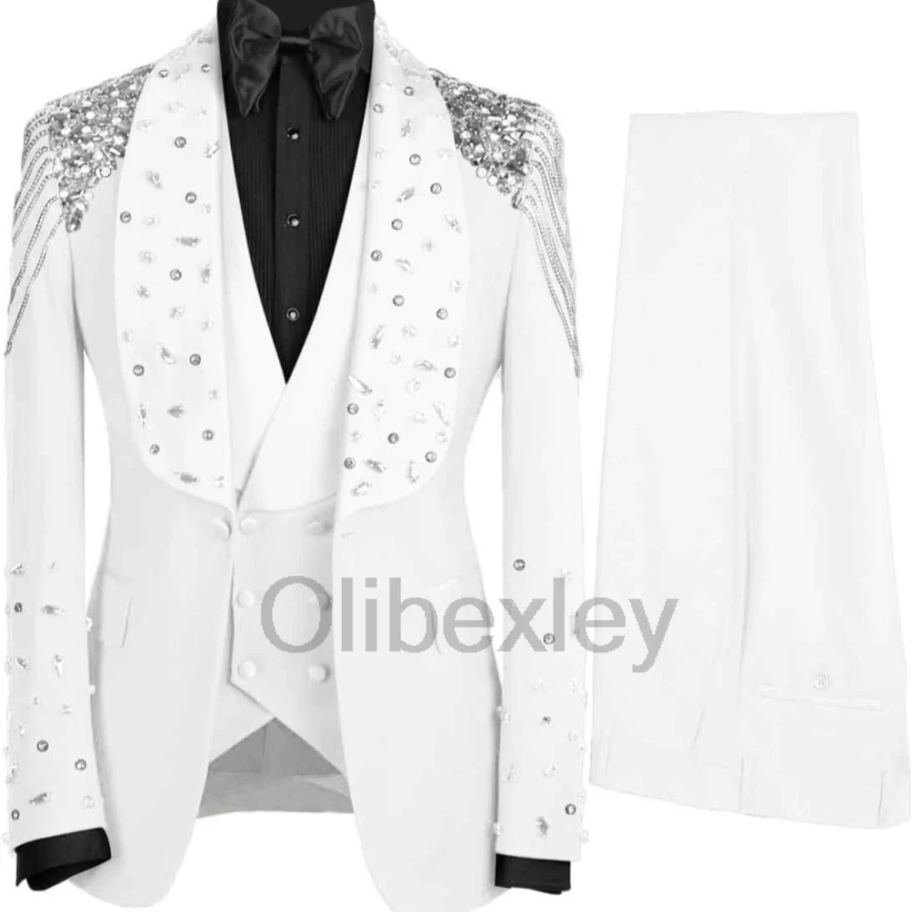 Olibexley Luxuly White Crystals Beading Men Suits High-end Groom Wedding Tuxedos 3 PCS Sets Male Prom Blazers Customized S435
