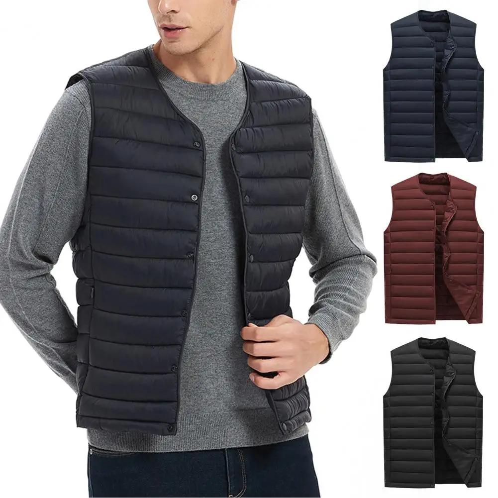 Men Waistcoat Vest Solid Color Padded V Neck Windproof Winter Waistcoat Slim Fit Men Vest Coat Thermal Cotton Vest Jacket