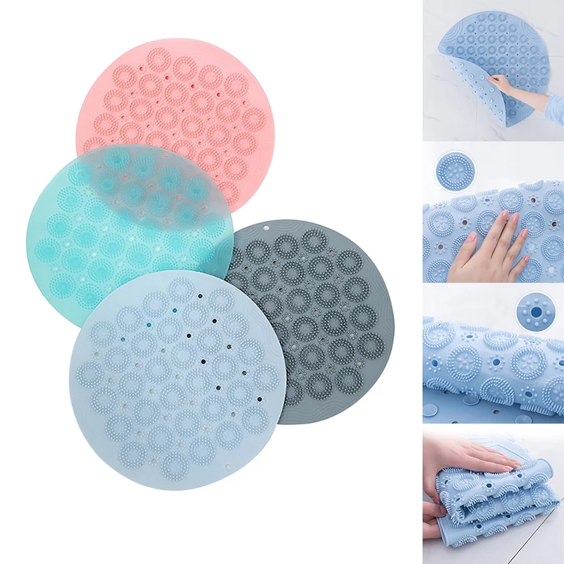 55cm Round Non-Slip Bath Shower Mat With Drain Holes Silicone Bathing Rugs Foot Massage Pad Suction Quick-Drying Water Drainage