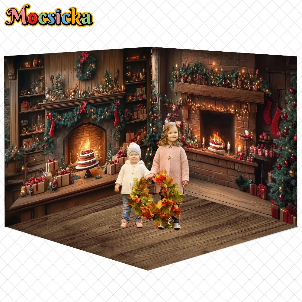 

Mocsicka Christmas Backdrop Photography Kitchen Fireplace Tree Cake Birthday Party Decors Child Portrait Photo Background Banner
