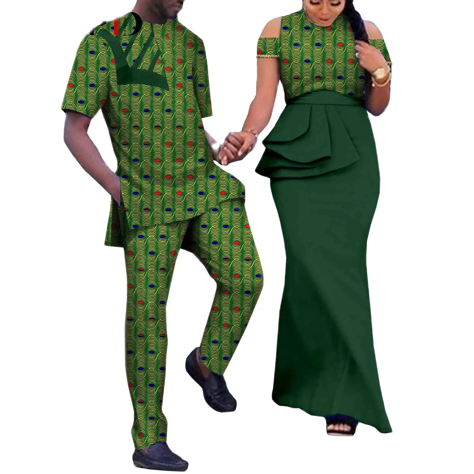 

Ankara Men Outfits Shirt and Pant Sets Match Bazin Lover Couple Clothes Print Mermaid Evening Dresses African Dresses for Women