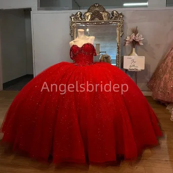 Angelsbride Maßgeschneidertes, bezauberndes rotes Quinnceanera-Kleid, Ballkleid, Glitzer-Pailletten, Perlenstickerei, Kristall, Sweet 16, Vestidos de 15 Jahre