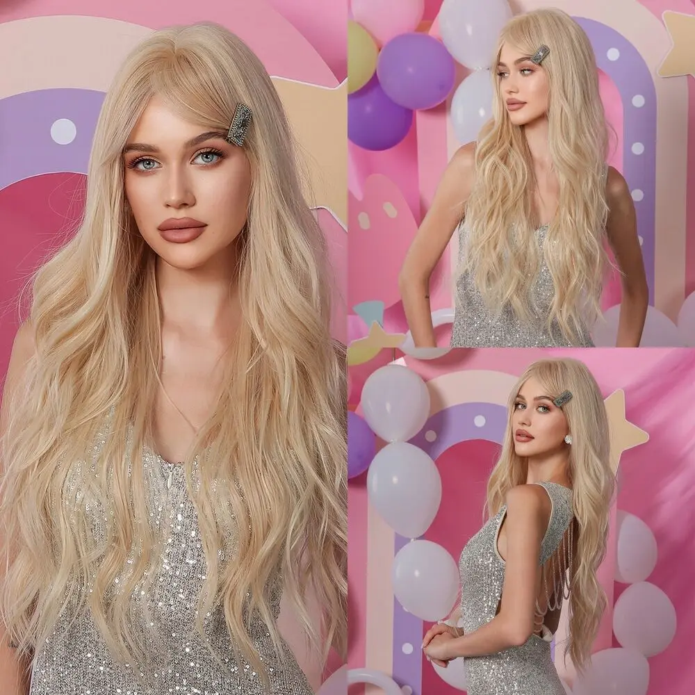 

Platinum Blond Long Wavy Ombre with Bang Cosplay Curly Women 28in Wigs