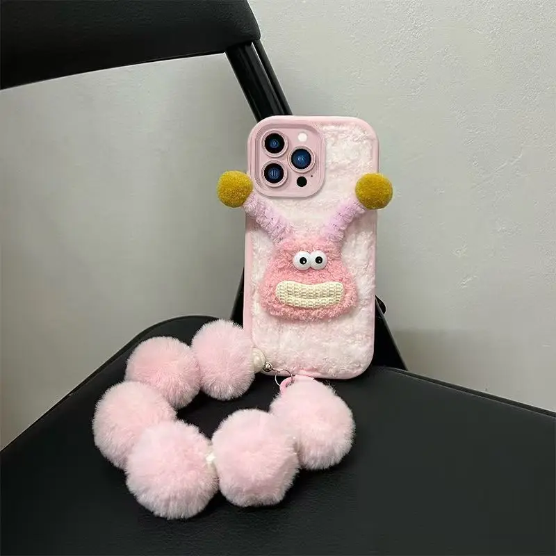 

Чехол для телефона для iPhone 16, 15, 14, 13, 12, Pro Max, новый корейский INS, милая 3D розовая плюшевая кукла, защитный чехол с защитой от падения и браслетом