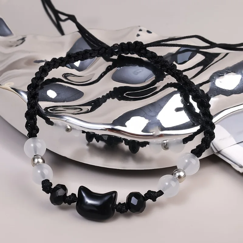 Bracelet chat noir et blanc réglable, pierre de lune coréenne, obsidienne, pour Couple, minimaliste, bijoux de fête, cadeau japonais