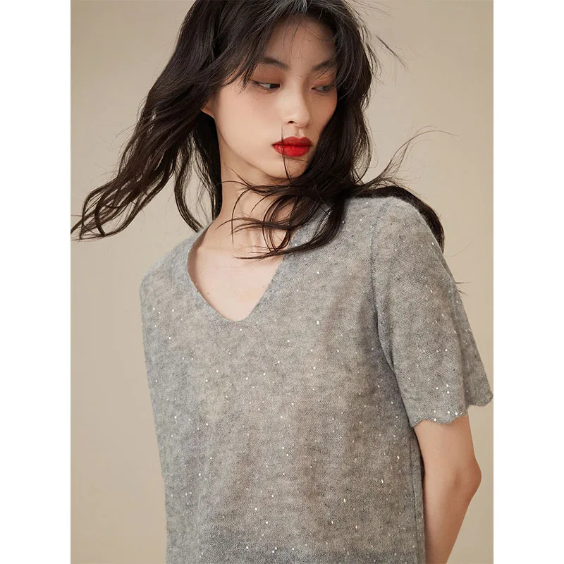 

ilin Ice Silk V-Ne ort Sve Knitted T-irt Women's Summer Slimming Loose Fit Top Glitter Base Layer Pullover Knitwear