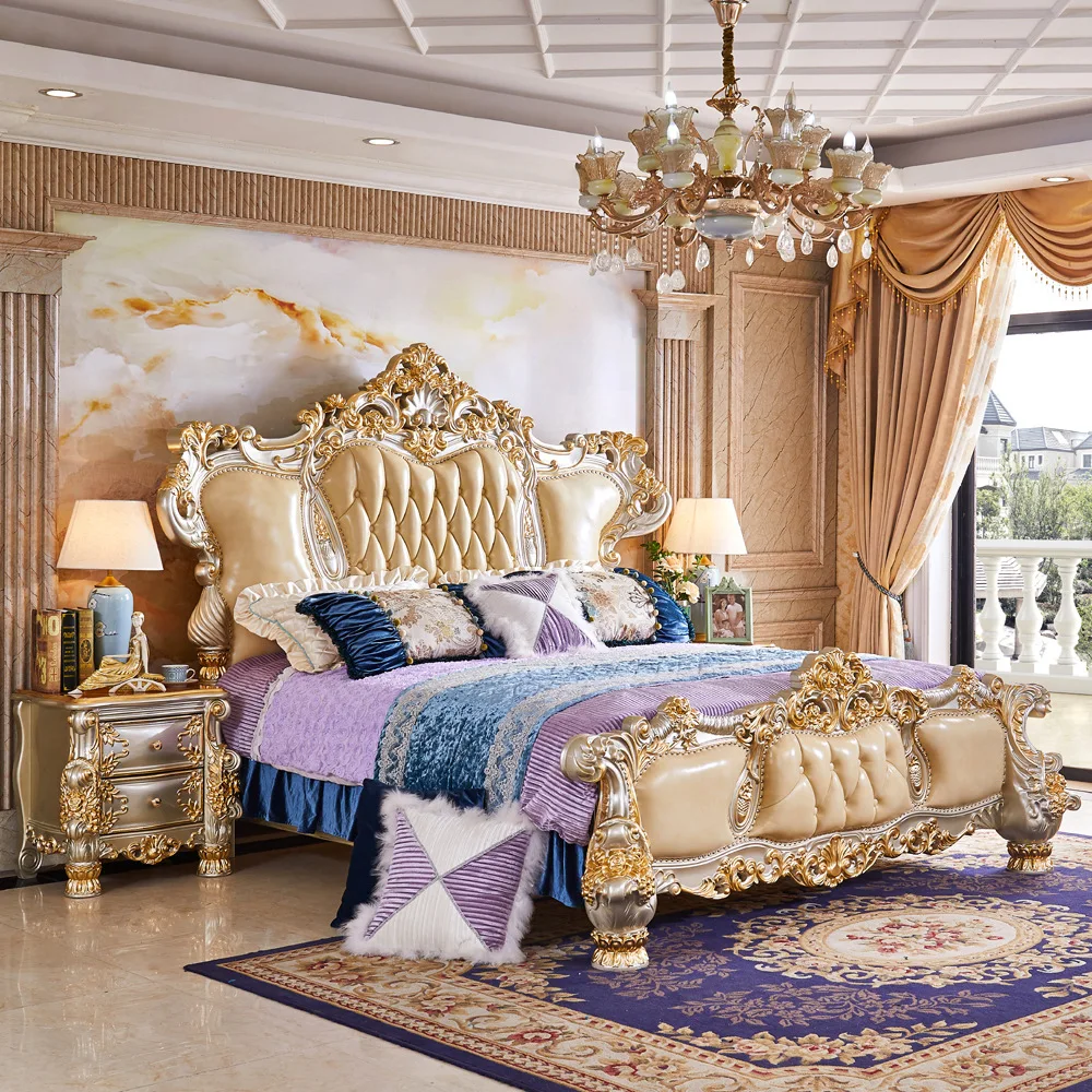 European-style leather, all solid wood double, oak bed wedding bed villa, high-end luxury in Europe and America