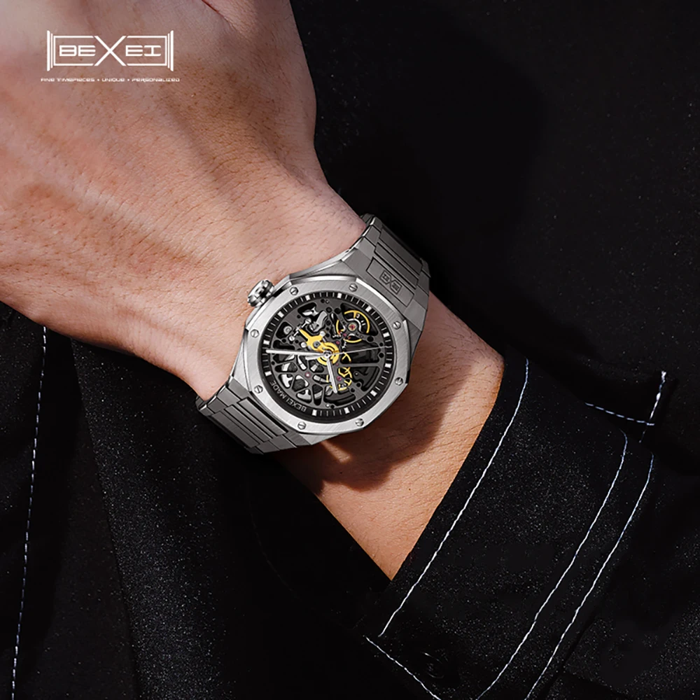 BEXEI 9096 watches for man  Automatic movement mechanical synthetic sapphire Gradient dial Classic octagonal design waterproof